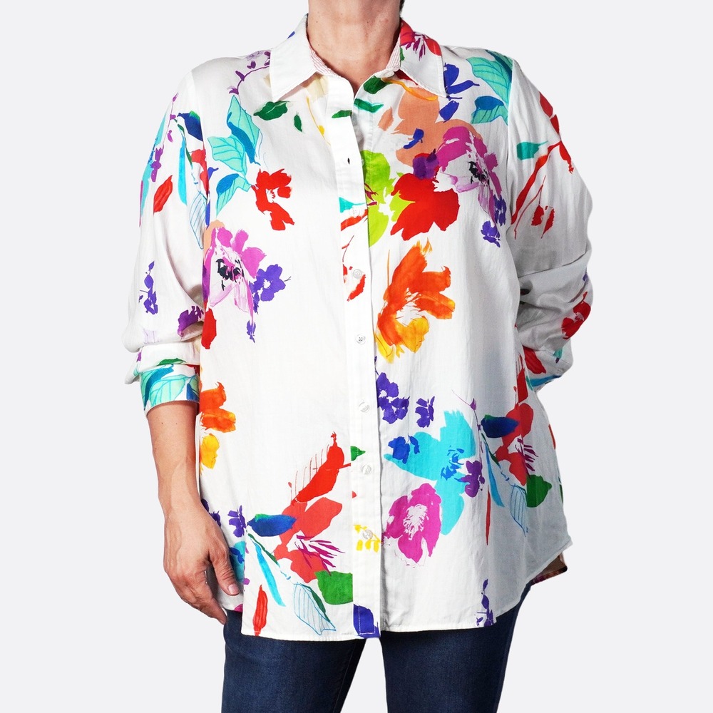 Finley 100% Cotton Floral Print Top Bold Button Down Shirt 2X Art To Wear